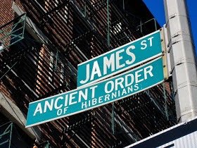 A street sign for Hibernian Hall in Babylon, NY.